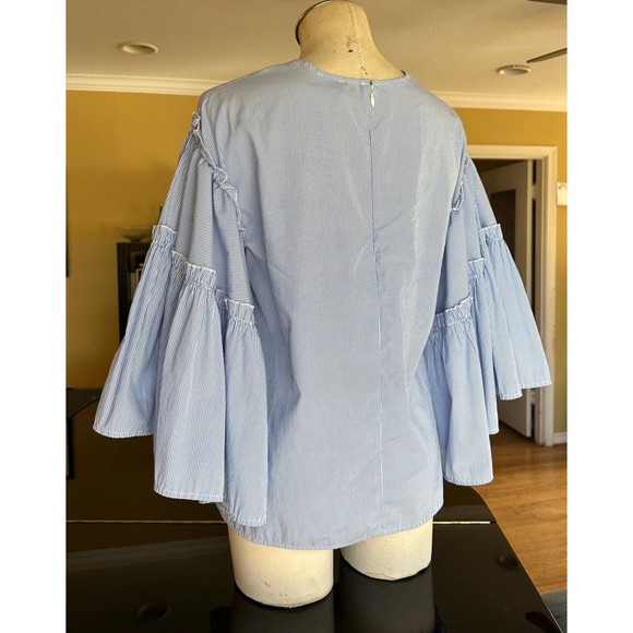dRA Los Angeles Blue & White Striped Statement Ruffle Bell Sleeve Blouse Anthro - Picture 6 of 12